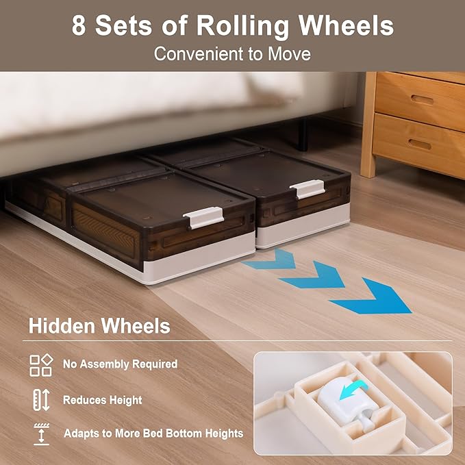 Plastic Under Bed Storage 58QT/14.5Gal Flat Underbed Storage Containers with Lid and 8 Rolling Wheels Folding Stackable Under Bed Organizer Boxes for Clothing Blanket Shoes Books,1 Pcs