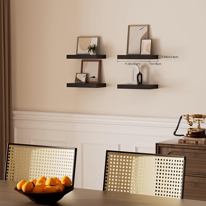 Black Floating Shelves for Wall, Set of 4 Wooden Wall Mounted Shelves for Bathroom Over Toilet, Bedroom, Kitchen, Living Room & Office, Hanging Storage and Wall Decor, 12"x7"x1.5"