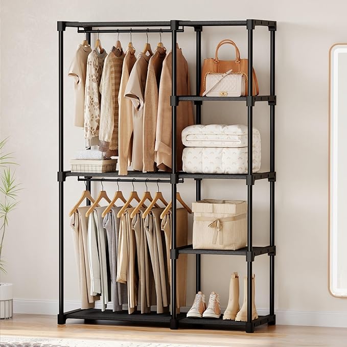 OLIXIS Clothes Rack with Shelves, Portable Wardrobe Closet with Hanging Rods, 44 Inch, Heavy Duty Clothes Rack, Freestanding Closet Organizer, 44" L x 15.7" D x 65" H
