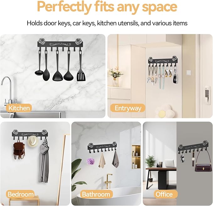 2-Pack Premium Iron Key Holder for Wall – Dual Installation: Wall Mount & Adhesive, 8 Hooks Key Rack for Entryway, Bathroom, Kitchen, Office