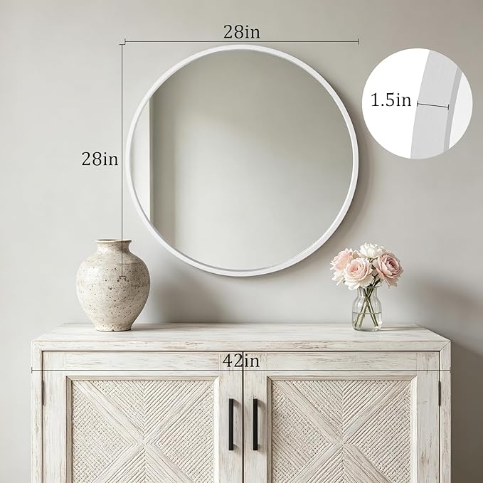HOMECOOKIN Round Wood Mirror 28 inch Circle Mirror, Rustic Farmhouse Wooden Framed Decorative Wall Decor, Vanity Wall Mirror for Bathroom, Bedroom, Entryway, Living Room (White)