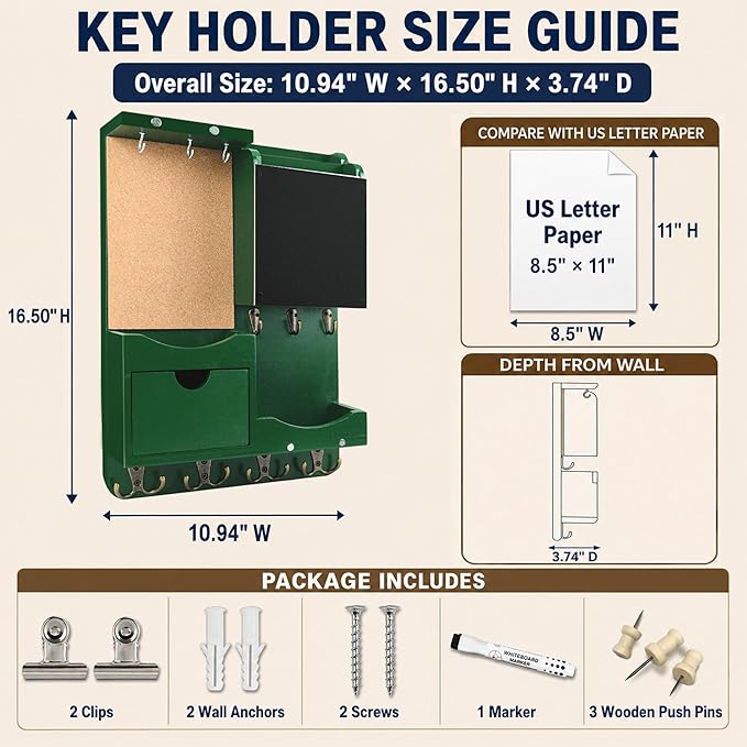 Key Holder Wall Mount， Mail Organizer Key Holder for Wall with Shelf, Drawer, Chalkboard, Corkboard, Home Decor Wall Mounted for Room Entryway (Green)