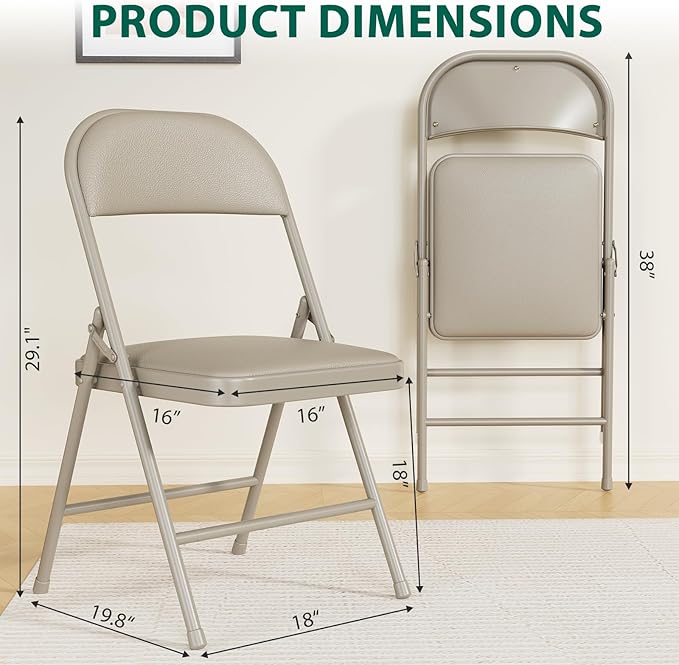 8 Pack Padded Folding Chairs, Portable Metal Foldable Chairs with Cushion, PU Leather Sturdy Indoor Outdoor Seating for Home, Office, Party, Khaki