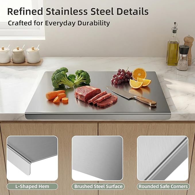 2-Piece Stainless Steel Cutting Board with Lip, Kitchen Chopping Board for Cutting Meat, Veggies and Fruit, 16 × 12 × 0.8 inch