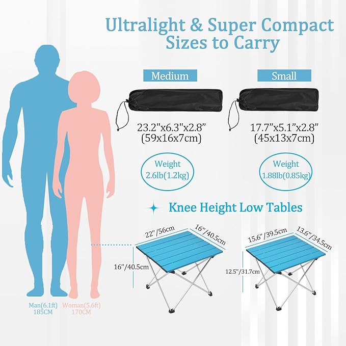 Grope Portable Camping Table with Aluminum Table Top, Folding Beach Table Easy to Carry, Prefect for Outdoor, Picnic, BBQ, Cooking, Festival, Beach, Home (Deep Blue-S)
