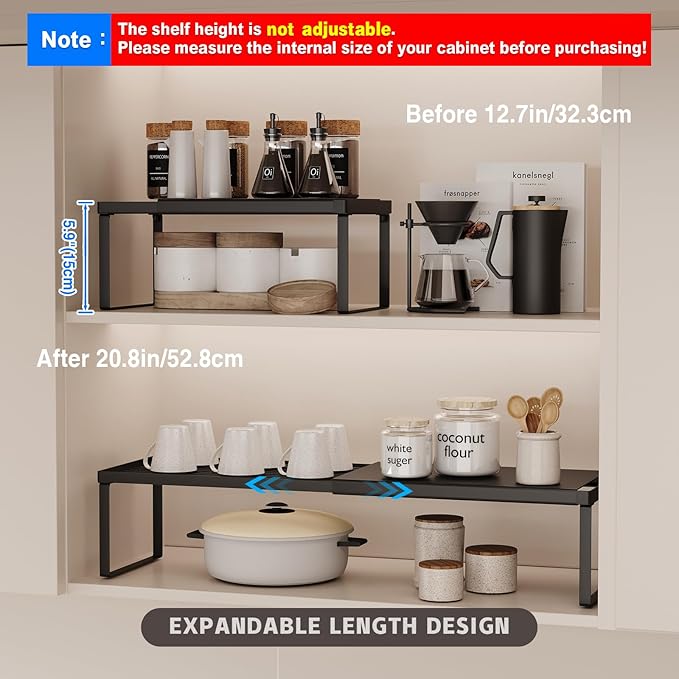Magheo Expandable Cabinet Shelf Organizer, 2 Pack Stackable Kitchen Counter Shelf Riser, Metal Spice Rack Heavy Duty Countertop Organizer Storage for Kitchen, Pantry, Cupboard, Rv (5.9in Height,Black)