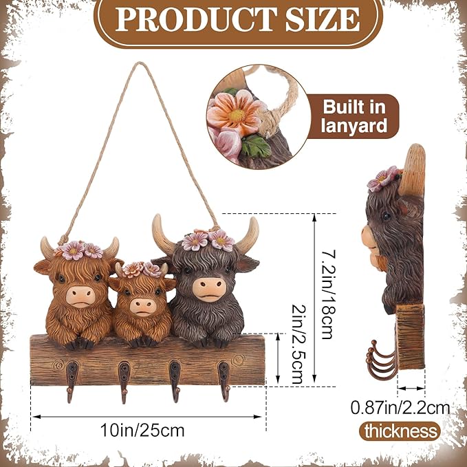 3D Highland Cow Key Holder Wall Mount, Rustic Farmhouse Key Hooks with 4 Metal Hooks, Decorative Resin Highland Cow Figurine Hanging Organizer Home Decor for Entryway Office Hallway and Living Room