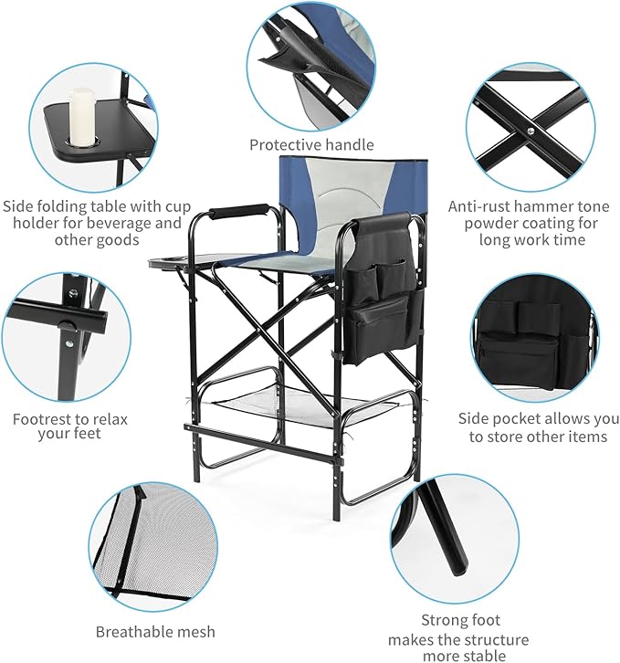 Outvita 2 Piece 31" Tall Directors Chair Height Seat Folding with Side Table Storage Bag, Support for 300Lbs Portable Makeup Artist Chair with Bar Height(Blue/Grey)