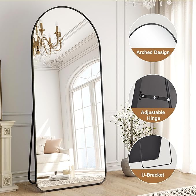 Arched Full Length Mirror 64"x 21" Floor Standing Body Mirror with Round Corner, Leaning Hanging for Bedroom Cloakroom Living Room Black