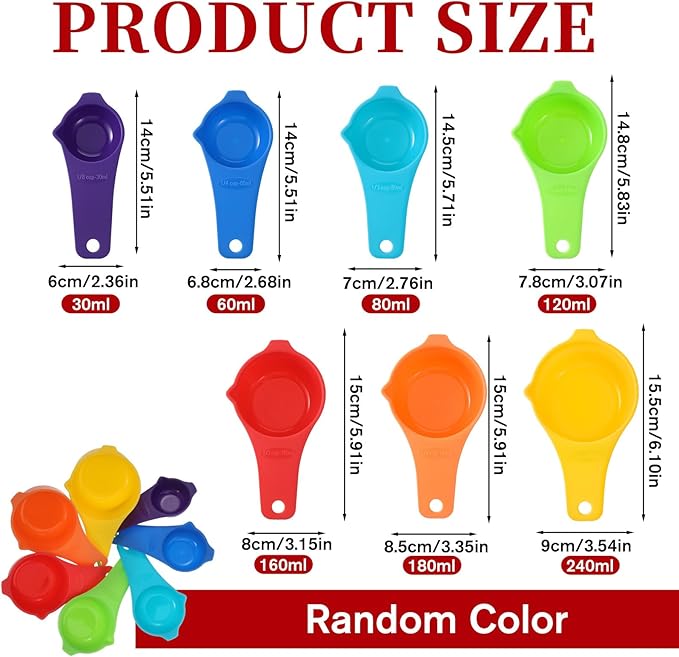 Plastic Measuring Cups Set, 7 Pcs Rainbow Color Dry Measuring Cups Portable Food Measuring Cups Portion Control Nesting Measuring Cups for Baking and Kitchen