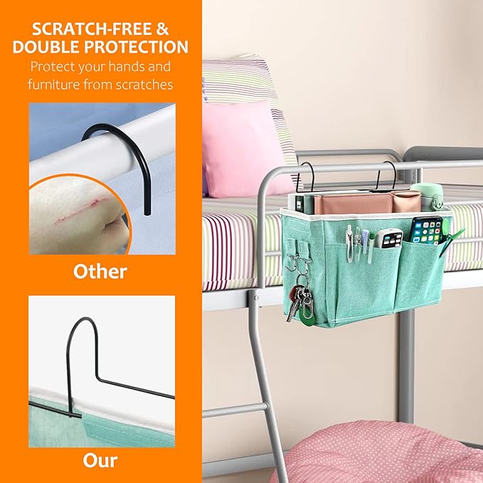Surblue Bedside Caddy Bedside Storage Bag Hanging Organizer for Bunk, Hospital Beds, Dorm Rooms Bed Rails Camp 4 Pockets and 2 Hooks (Green)