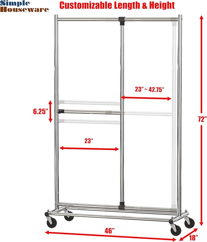 Simple Houseware Dual Bar Adjustable Clothing Garment Rack, 72 Inches Height, Chrome