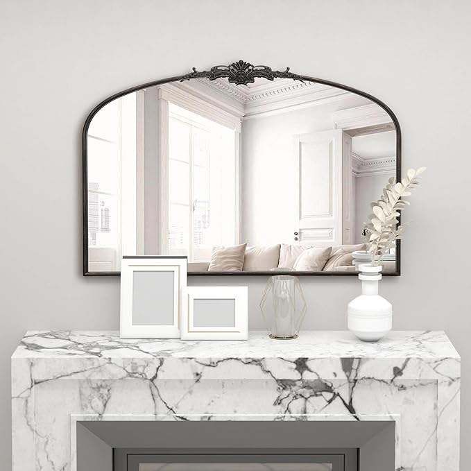 Besdomus Antique Arched Large Mirror: 48"x33" French Oversize Black Arch Antique Wall Mounted Mirror - Baroque Traditional Ornate for Living Room/Fireplace/Bathroom- Home Decor for Interior Designers