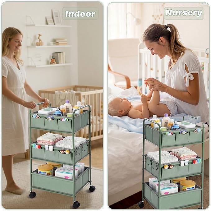 WILLBOND 3 Tier Green Baby Diaper Caddy Organizer Cart with 4+3 Dividers Large Capacity Metal Utility Bedside Rolling Cart Newborn Registry Nursery Essential Must Have Crib Bedroom Baby Shower
