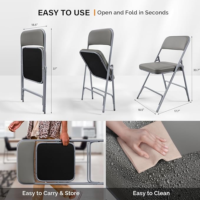 VINGLI Padded Folding Chairs with Comfortable Thick Padding and Steel Metal Frame, Portable, Storable Indoor/Outdoor Seating for Office Events, Wedding Party, Dining, PU, Gray, 1 Pack