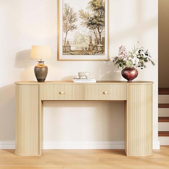 59" Fluted Console Table with 2 Drawers - Wood Entryway Table with Storage, Long Modern Sofa Tables Behind Couch with Curved Leg for Living Room, Entry, Hallway, Entrance, Foyer, Oak Natural