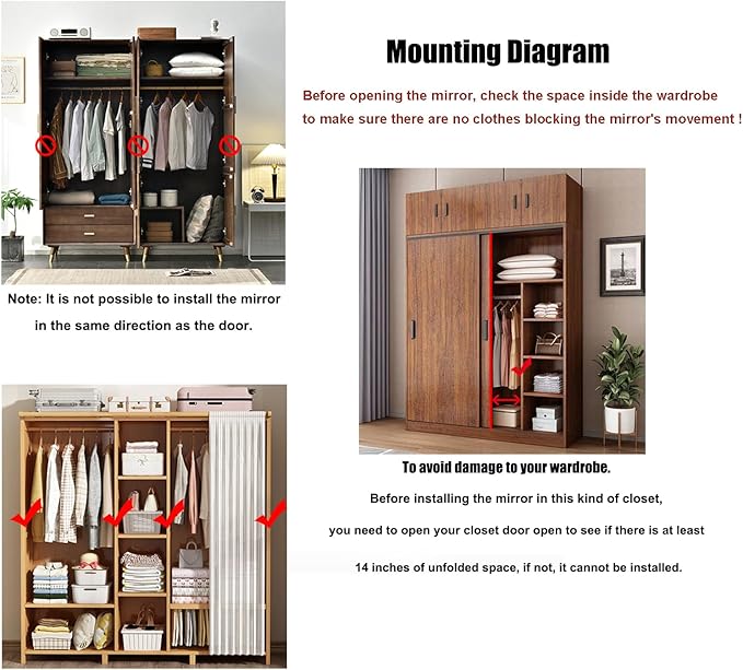 Hideaway Closet Mirror - Retractable Full Length Mirror, 35" x 16" Wall Mounted, Suitable for Bedroom, Locker Room, Cloakroom