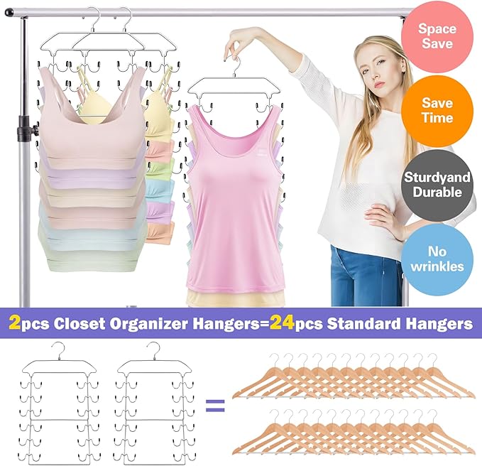 Closet Organizers and Storage,Tank Top Hanger 6 Tier Double Space Saving Bra Hangers,Dorm Room Essentials for Girls,Non-Slip Hanging Closet Organizer for Camisoles Sports Bras Strappy Dress Swimsuits