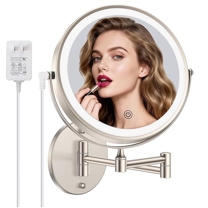 FASCINATE Rechargeable Wall Mounted Makeup Mirror with Lights and Magnification, 8 Inch Double Sided 1X 10X Magnifying Bathroom Mirror with 3 Color Lights & 360° Rotation Vanity Mirror - Nickel