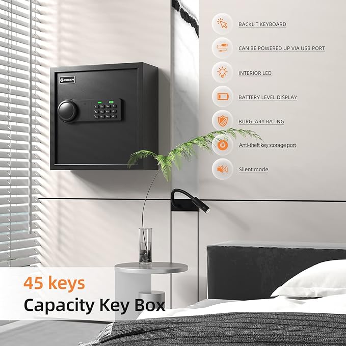XDeer 45-Keys Key Lock Box Wall Mount with Advanced Anti-Theft Deposit Key Slot & LED Light, Key Cabinet with Combo and Key Lock, Key Safe for Hotels & Office & Companies & Car Dealerships 1PCS