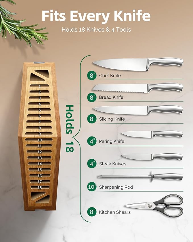 RAVS Universal Knife Block Without Knives, Acacia Wood Universal Knife Holder for Countertop, Kitchen Knife Storage Organizer with Slots for Scissors and Sharpening Rod, 22-Slot Large Capacity