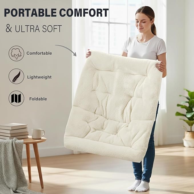 Tiita Folded Chair with Straight Ottoman, Soft Faux Fur Oversized Folding Accent Chair,Lazy Chair, Metal Frame Moon Chair for Bedroom, Living Room, Dorm Rooms, Garden and Courtyard, Beige