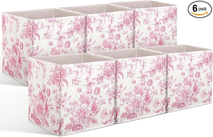 Geelin 6 Pcs Pink Floral Cube Storage Bins 11 Inch Pink Flower Storage Basket with Handle, Preppy Girls Organizer Basket, Collapsible Fabric Box for Classroom Bedrooms Office Home Decoration Gift