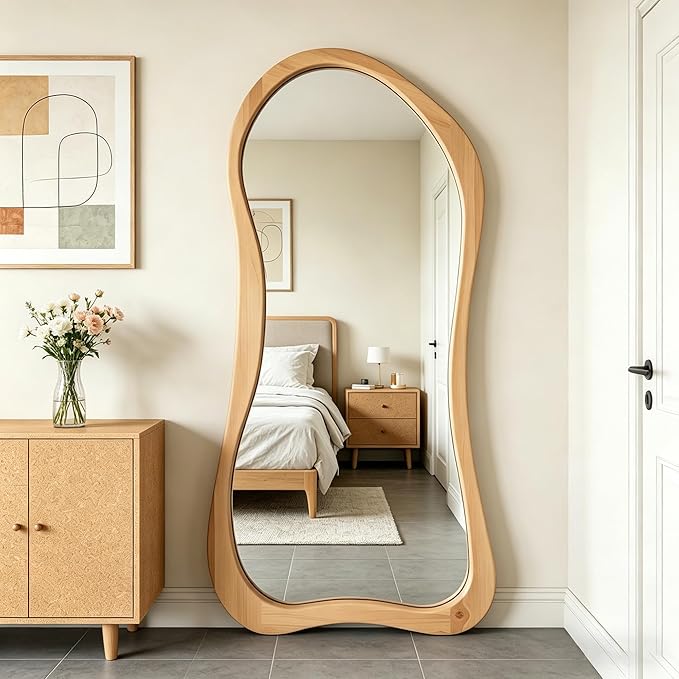 Large Irregular Mirror, 67"x31.5" Asymmetrical Full Length Mirrors with Solid Wood Frame, Organic Aesthetic Floor Mirror for Living Room Entryway Hallway Cloakroom, Leaning/Hanging