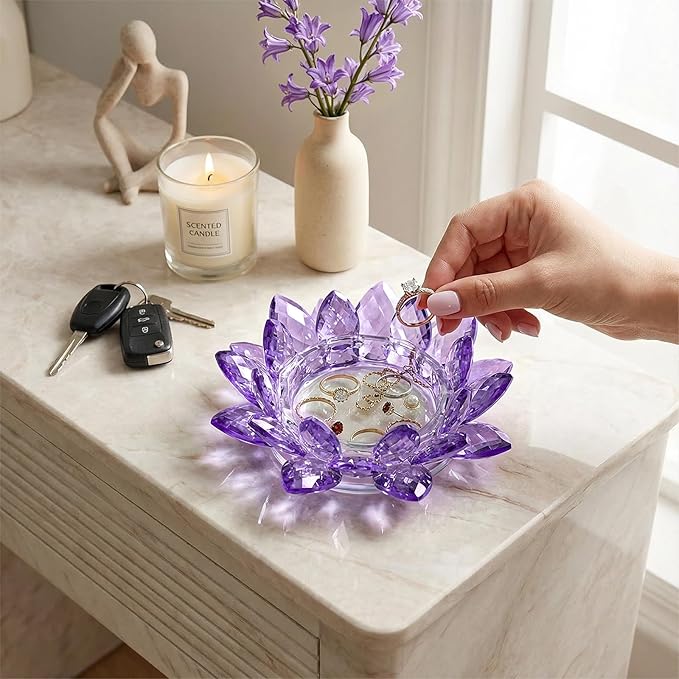 Crystal Flower Jewelry Tray, Transparent Decorative Trinket Dish for Rings, Earrings, Necklaces, Keys for Vanity Dresser Nightstand, Elegant Gift for Women Mother's Day (1, 6.3"(W)- Purple)