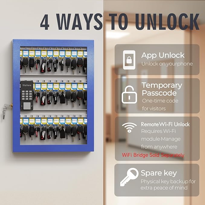 WeHere 72-Key Smart Key Lock Box, Wall-Mount Key Cabinet with Key Management App(Track Key Borrow/Return), Keypad, Bluetooth & WiFi Unlock (Sold Separately) for Commercial, School, Rental, Office