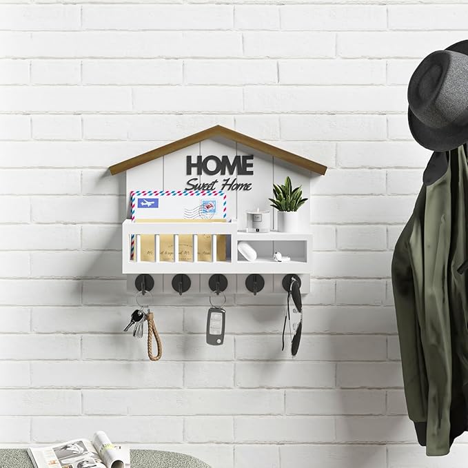 Key and Mail Holder for Wall, Wall Key Holder with Shelf, Key Rack Wall Mount, Wood Key Holder Wall Mount White, Mail Organizer Wall Mounted, Entryway & Front Door Key Holder with 5 Hooks