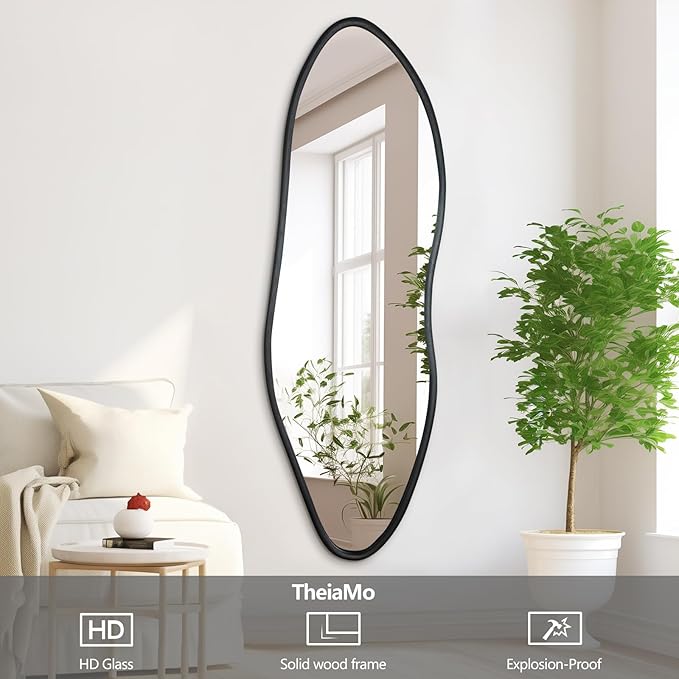 Irregular Full Length Mirror, 65"x22" Wooden Farmhouse Full Body Mirror, Large Asymmetrical Wall Mirrors for Living Room Entryway, Horizontal/Vertical, Black
