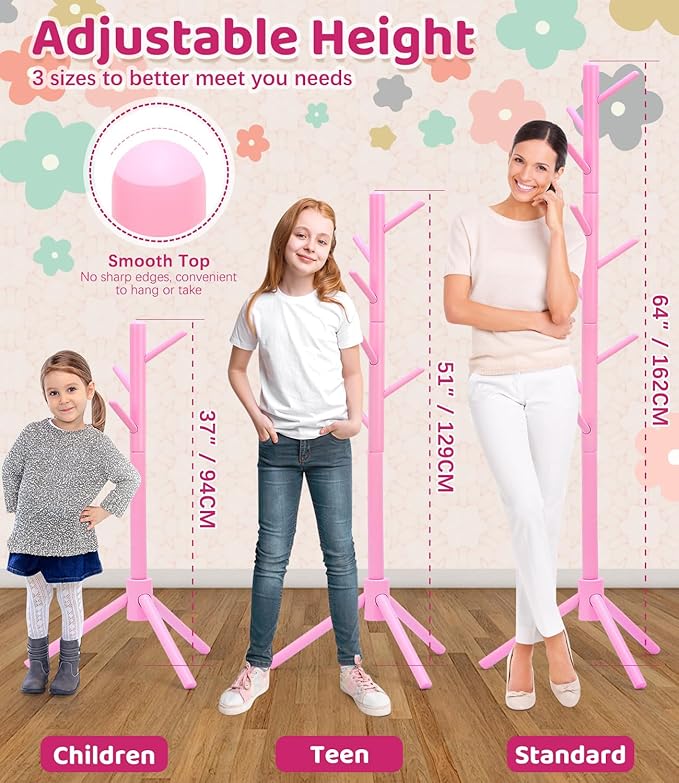 Beech Wood Kids Coat Rack - Adjustable Height Stand with 9 Hooks, Freestanding Children's Clothing Organizer for Hallway, Bedroom, Easy Assembly (Pink)