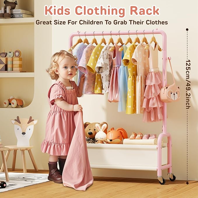 Kids Clothing Rack with Storage Shelf, Kids Dress Up Storage for Coats, Small Baby Garment Rack for Hanging Clothes, Toddler Wardrobe Closet Organizer (Pink, Upgrade with Wheel)