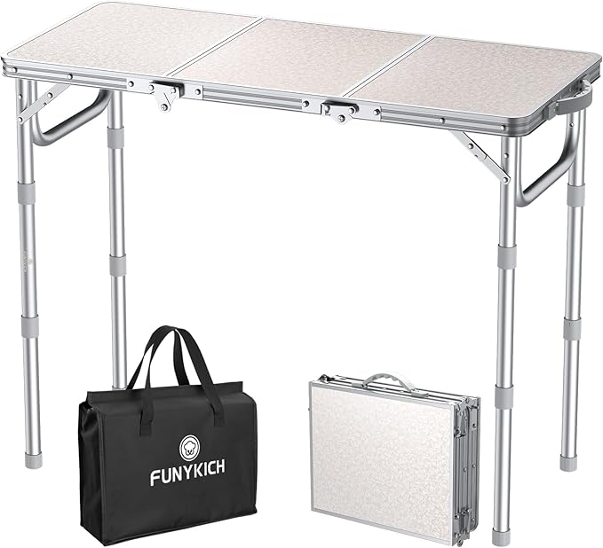 FUNYKICH 3ft Portable Folding Table with 3 Adjustable Height, 34.2'' Lx15.7'' W Camping Tables, Lightweight Aluminum Outdoor Picnic Table with Carry Handle for Car Camping, Outdoor Dining, Beach