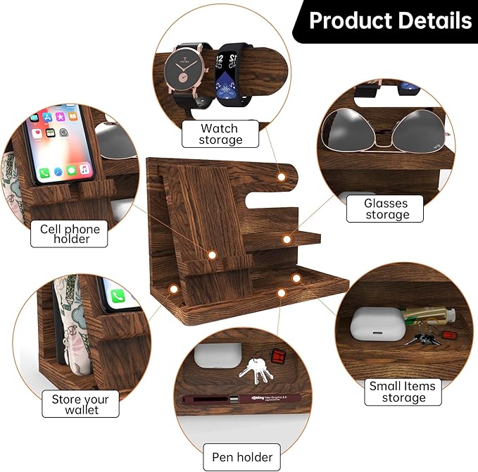 Gifts for Men Wood Phone Docking Station Birthday Gift for Men Valentines Day Gifts Father Gift for Him Boyfriend Nightstand Organizer Desktop Phone Stand