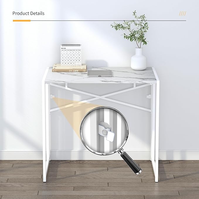 Lutown-Teen 32 inch Folding Small Desk, Writing Gaming Computer Camping Desk for Small Spaces, No Assembly Required Home Office Desk, White Marble