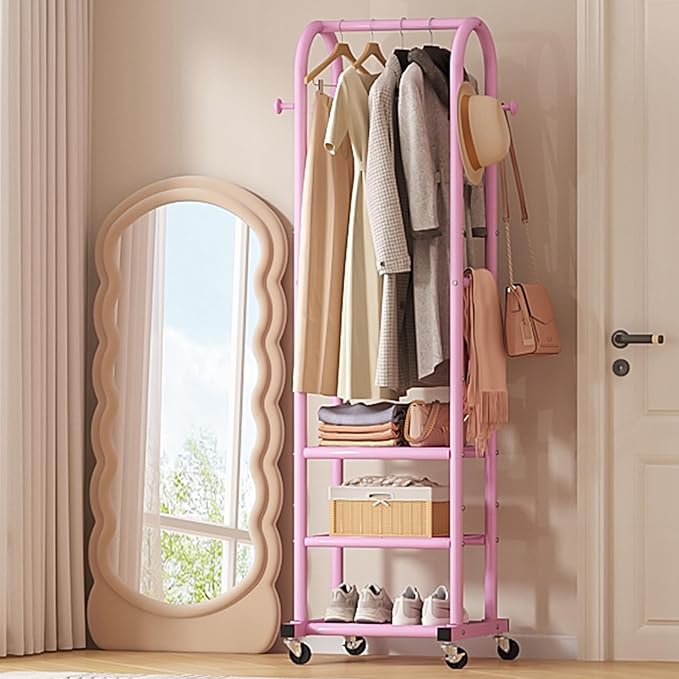 Dttwacoyh Hall Tree with Wheels and Hanging Hooks, Entryway Clothing Rack with Shoe Shelves,Pink Decorative Freestanding Metal Garment Rack Suitable for Hallway,Bedroom and Bathroom – Pink