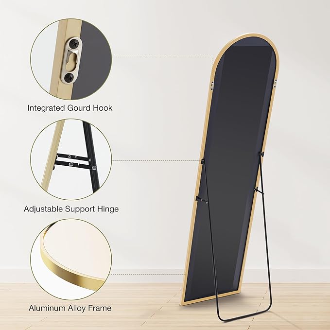 OLIXIS Arched Full Length Mirror for Bedroom, 58"x19" Full Body Mirror with Stand, Hanging or Leaning for Wall, Aluminum Alloy Thin Frame Floor Standing for Living Room, Long, Gold