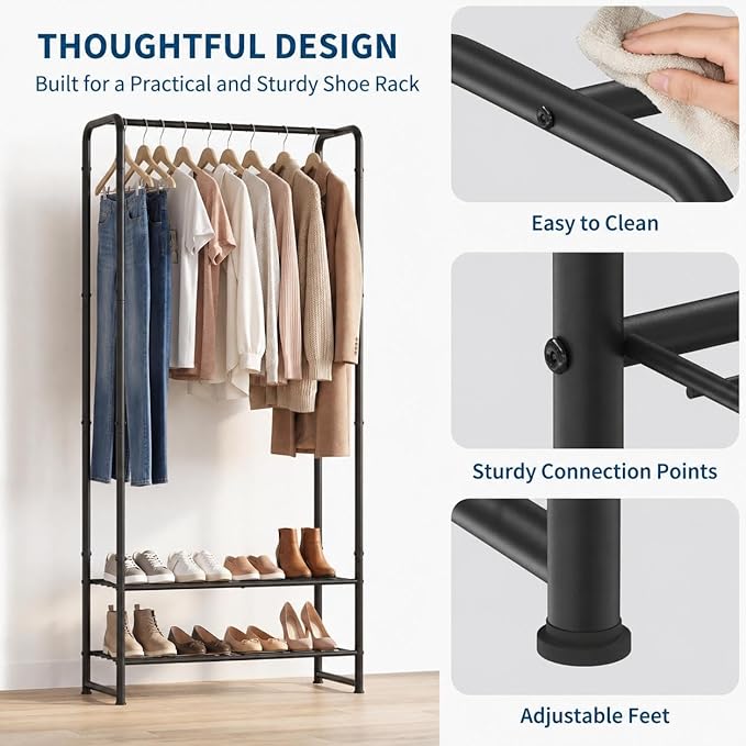 IDEALHOUSE 2-in-1 Freestanding Clothes Rack with Shelves,Hanging Clothes, Portable Metal Clothing Rack for Hanging Clothes, Black Garment Rack Closet Organizer for Bedroom, Entryway, Dorm