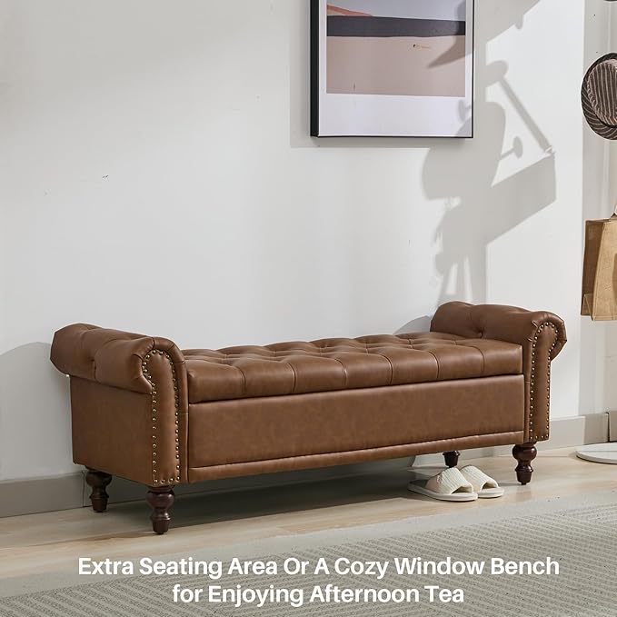 SOFTHION 58.1" Storage Bench Upholstered PU Leather End of Bedroom Bed Bench Ottoman with Tufted Cushioned Rolled Arm Large Storage Space for Reading Living Room Entryway, Brown
