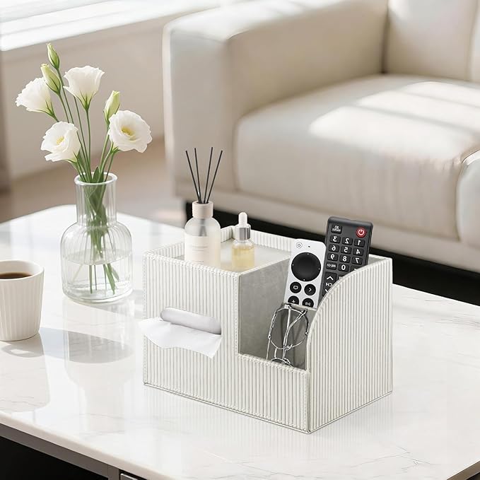 Modern PU Leather Cube Tissue Box Cover with Storage Tray, Multifunctional Remote Control Holder & Facial Tissue Dispenser Organizer for Nightstand, Bathroom, Bedroom, Office & Home Decor
