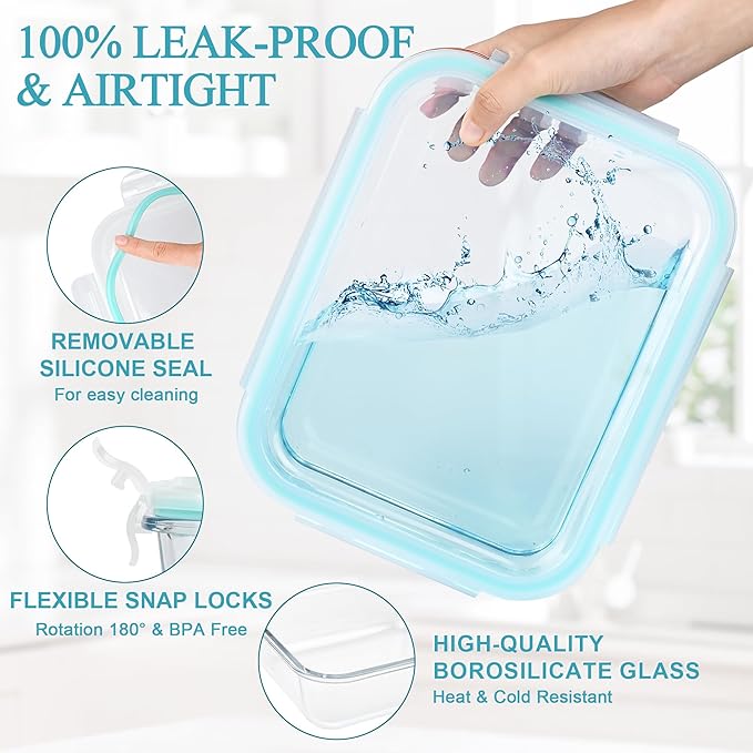 GEHE 2 Pack 52oz Large Glass Food Storage Containers with Lids, Meal Prep Container, Glass Storage Containers with Airtight Lids for Baking, Storing, Microwave/Freezer/Dishwasher Safe, BPA Free
