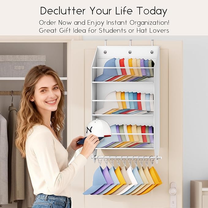Homsorout Over the Door Hat Rack - 3-Layer Design Hat Organizer Holds 30-36 Hats with 10 Hooks, Ideal Hat Rack for Door, Over the Door Organizer for Closet, Apartment, Bedroom, Dorm, 1 Pack, White