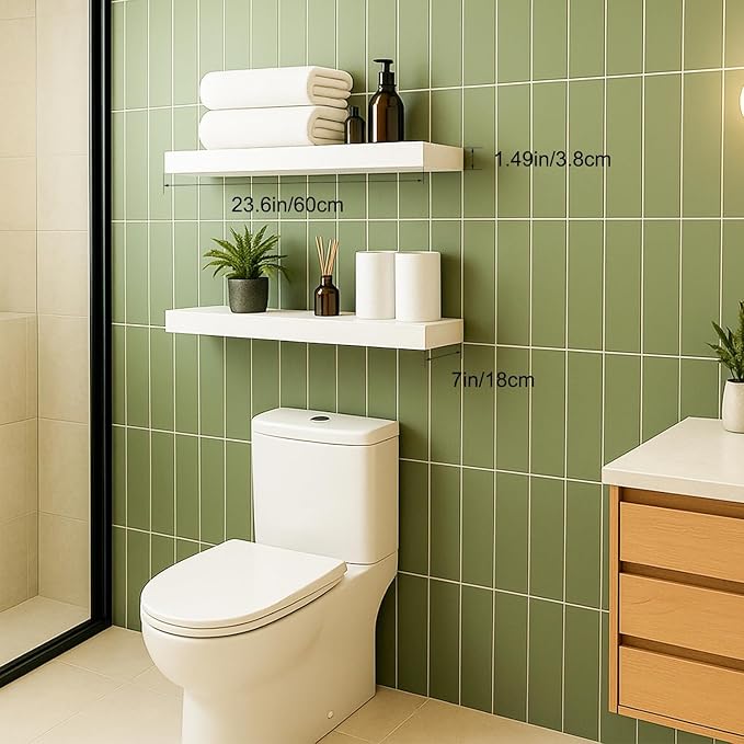 White Floating Shelves Set of 2, 24 Inch Wall Mounted Wood Shelves for Bathroom Over Toilet, Bedroom, Living Room, Kitchen & Office Storage, Modern Display Shelves
