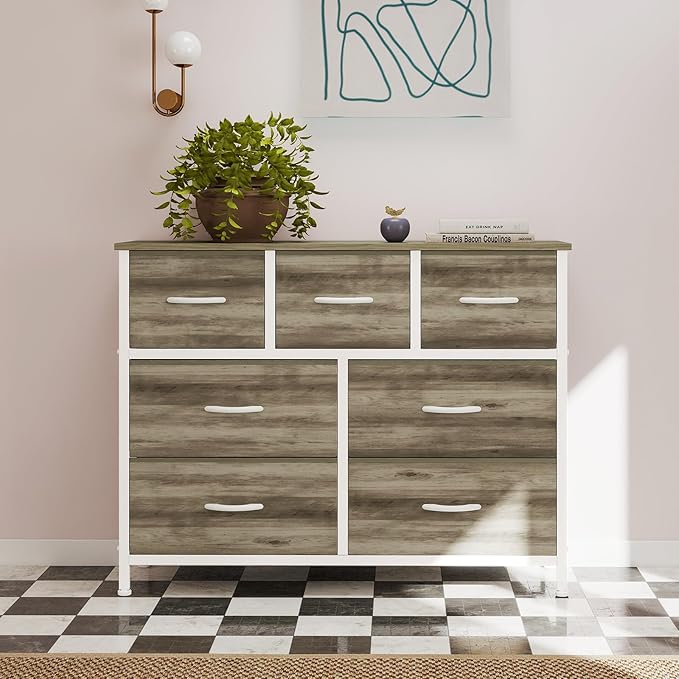 OLIXIS 7 Drawers Dresser for Bedroom, Fabric Storage Tower for Living Room, Entryway - Sturdy Steel Frame, Wooden Top and Easy Pull Fabric Bins, Closet Chests Organizer for Clothes,Oak Greige