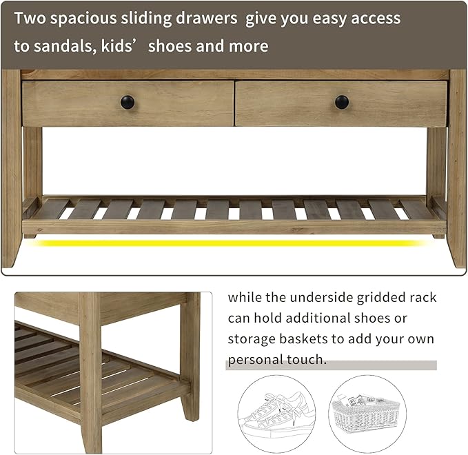 LUMISOL Storage Bench, Shoe Rack with Upholstered Seat and 2 Drawers, Solid Wood Entryway Storage Bench with Shoe Rack for Entryway, Living Room, Bedroom, Antique Navy