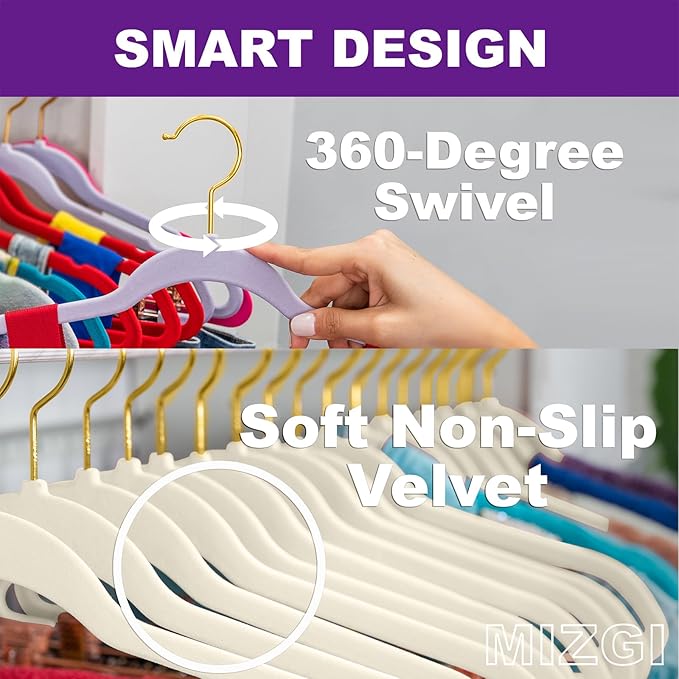 MIZGI Ivory Velvet Hangers - 60 Pack, Premium Gold, Non-Slip Felt, Sturdy, Heavy Duty Coat & Suit Hangers for Space Saving, No Marks
