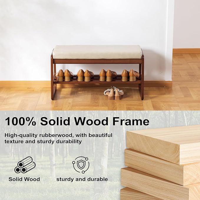 SOBIBO Solid Wood Shoe Bench, 2-Tier Wooden Entryway Bench, Modern Shoe Rack with Faux Leather Cushion for Hallway, Living Room (Gray, 31.5'')