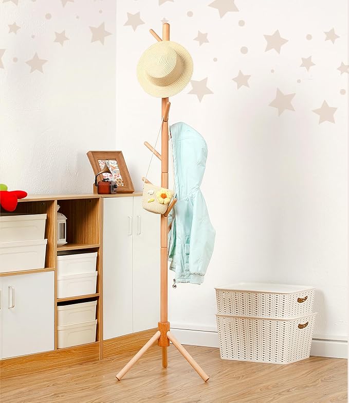 Beech Wood Kids Coat Rack - Adjustable Height Stand with 9 Hooks, Freestanding Children's Clothing Organizer for Hallway, Bedroom, Easy Assembly (Natural)